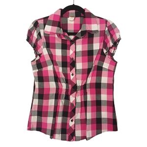 TOTO COLLECTION Pink Gray Black Plaid Print Button Front Short Sleeve Top 1XL